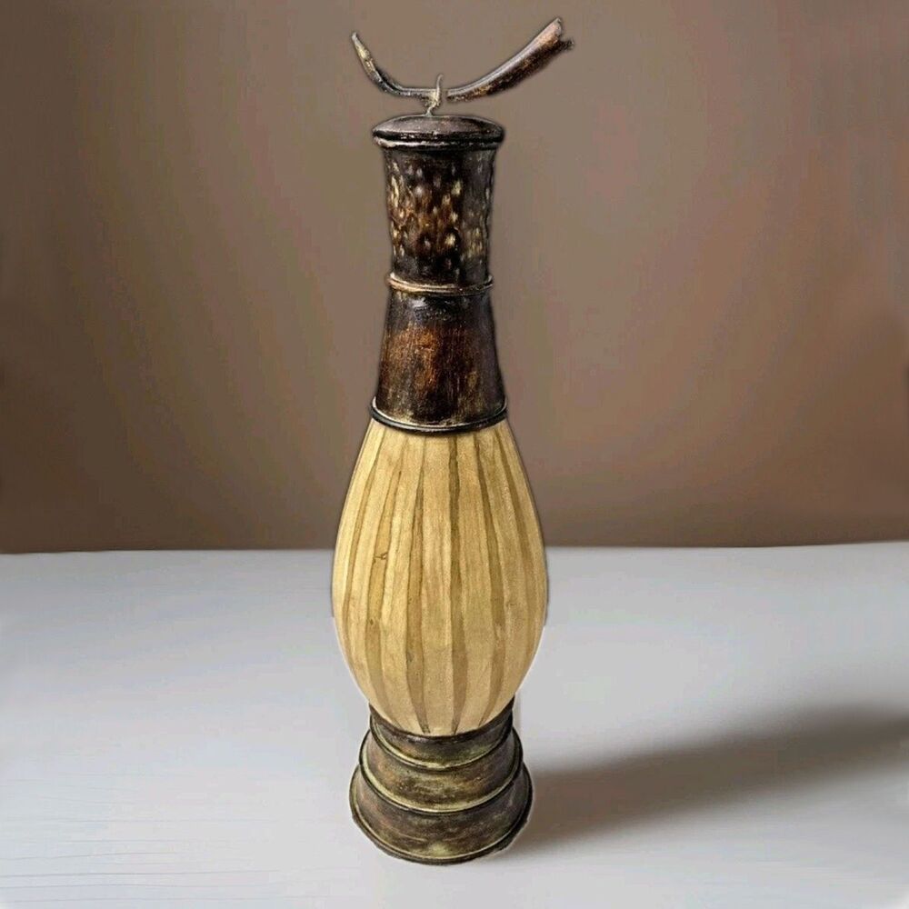Vintage Decorative Decanter Urn Frosted Ribbed Glass & Metal w/ Horn Lid & Chain